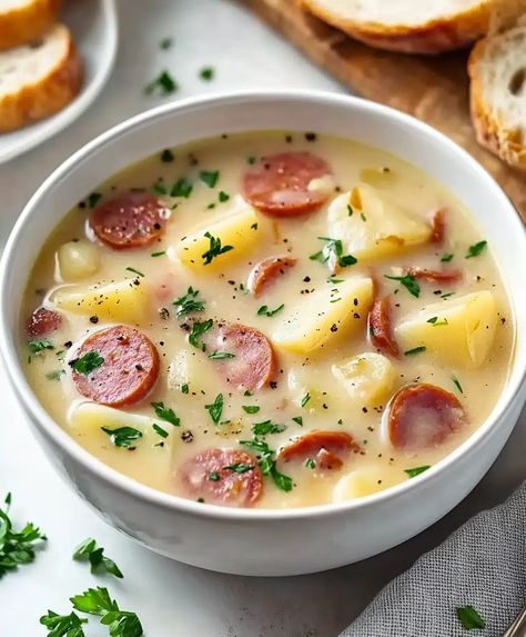 Potato Kielbasa Soup Recipe - sandyrecipes.com Kielbasa Potato Soup, Crispy Sausage, Kielbasa Soup, Sausage Potato Soup, Sausage Muffins, Sausage Potato, Kielbasa Sausage, Winter Soup, Sausage Potatoes