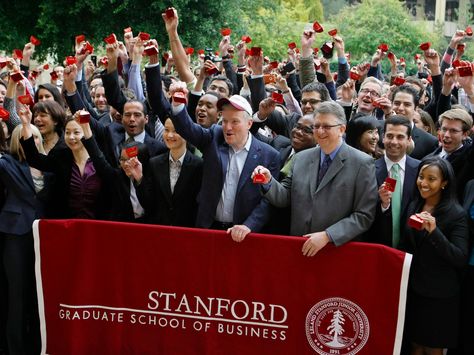 New York Stock Exchange CEO Duncan Niederauer, with hat, and Garth Saloner, Dean of the Stanford Graduate School of Business, to his right, ring the closing NYSE bell, via video teleconference, with hundreds of other Stanford MBA students on the Stanford University campus in Palo Alto, Calif., Thursday, Dec. 2, 2010. (AP Photo/Paul Sakuma) Harvard Mba, Business Management Degree, Mba Student, Mba Degree, School Essay, Harvard Law, Harvard Law School, Harvard Business, Online Mba