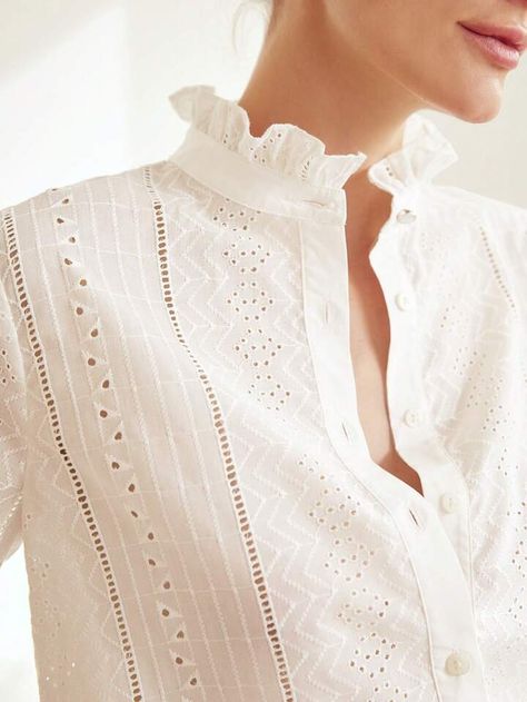 MOTF X Nour PREMIUM RUFFLE NECK SCHIFFY BLOUSE | SHEIN USA White Eyelet Blouse, Frill Shirt, Ruffle Hem Blouse, Ruffle Collar Blouse, Ruffle Trim Top, Clothing Model, Eyelet Blouse, Eyelet Fabric, Eyelet Embroidery