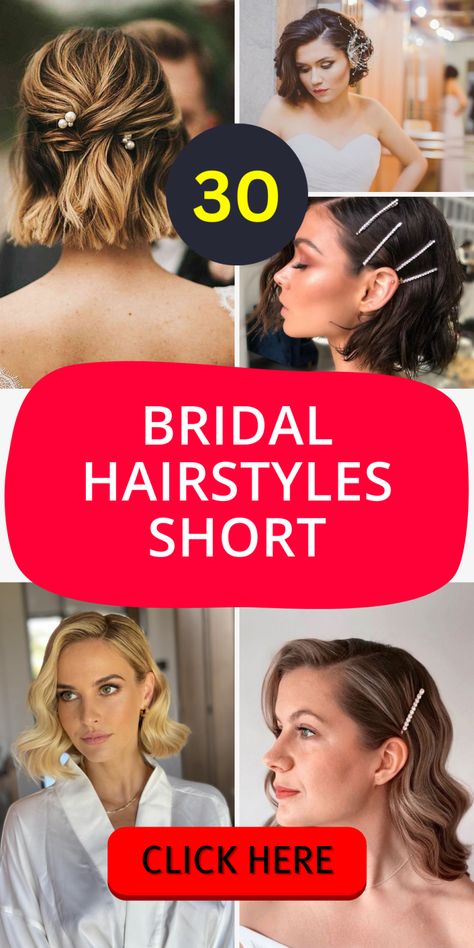 30 Chic Bridal Hairstyles for Short Hair - Inspire Your Dream Look - divagaze.com Bridal Hair For Short Hair Bobs, Glam Hair Styles For Short Hair, Shorter Hair Wedding Styles, Fancy Hair For Short Hair, Medium Length Wedding Hair Down, Wedding Hairstyles For Bob Haircut, Short Hair Styles For Bridesmaid, Short Hair For Wedding Bridesmaid, Short Hair Styles For Weddings