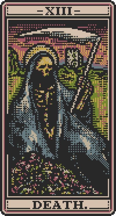 Pixel Art Pattern Tarot, Cross Stitch Tarot Pattern, Alpha Patterns Tarot Cards, Pixel Tarot Card, Tarot Card Pixel Art Grid, Tarot Cards Pixel Art, Tarot Crochet Pattern, Tarot Cross Stitch Patterns, Skeleton Perler Beads