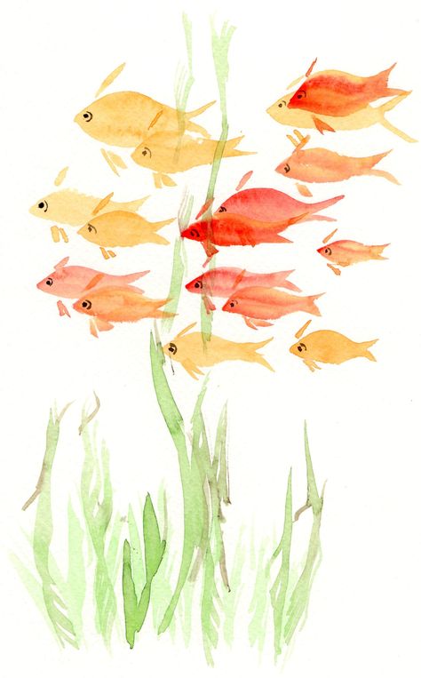 Watercolor Fish Painting Simple, Watercolour Plants Simple, Fish Watercolor Painting Easy, Watercolor Fish Simple, Simple Fish Painting, Watercolour Inspiration Simple, Aquatic Watercolor, Simple Fish Drawing, Watercolour Fish