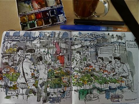 Sketching at a wet market House Artwork, Travel Sketchbook, Sketch Journal, Landscape Sketch, Line Sketch, Artist Sketchbook, Sketchbook Art Journal, Sketch A Day, Travel Sketches