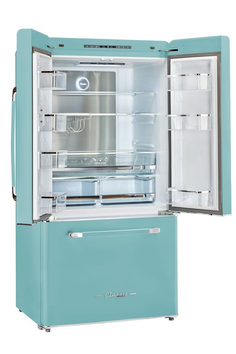 Unique Retro Refrigerator, Unique Classic Appliances, 1950s Kitchen Appliances, Vintage Style Fridge, Fun Kitchen Appliances, Unique Refrigerators, Drink Fridge In Kitchen, Cool Refrigerator, Retro Fridge Kitchen