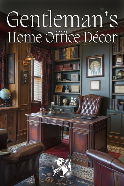 Decorate a gentleman’s office by combining industrial small office design with rustic elements. Choose a rustic home office desk and enhance the space with metal fixtures and wood accents for a bold, masculine aesthetic that’s both modern and classic. #industrialsmallofficedesign #rustichomeofficedesk #rusticmensoffice #officerusticdesign #woodandblackinteriordesign #woodstoneinteriordesign #manofficeideas #modernrusticdecor Masculine Office Lighting, Traditional Gentlemans Office, Restoration Hardware Office Ideas, Dark Academia Aesthetic Office, Male Home Office, Masculine Office Ideas, Men’s Home Office, Masculine Home Office Ideas, Masculine Office Decor