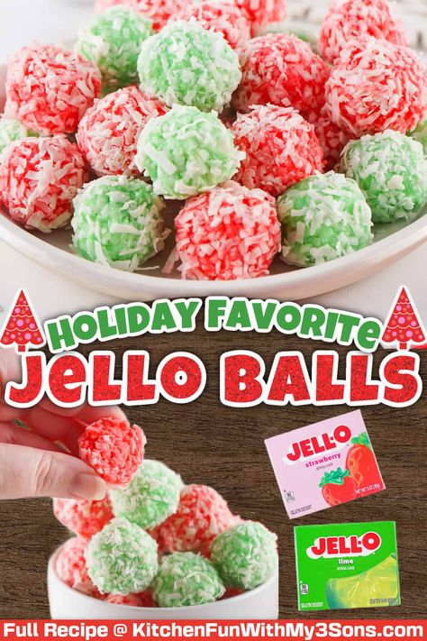 These Christmas Jello Balls are a fun and festive treat you won’t want to miss this holiday season! With flavored Jello mixed into creamy yogurt, these little desserts are soft, sweet, and bursting with flavor. Rolled in sweetened coconut, they’re as pretty as they are delicious. Rice Krispie Treats With Jello, Easy Jello Meringue Cookies, Jello Glass Dessert, Jello Coconut Balls, Easy Soft Desserts, Xmas Jello Recipes, Jello Christmas Cookies, Moms Christmas Jello Balls Recipe, Grinch Jello Salad