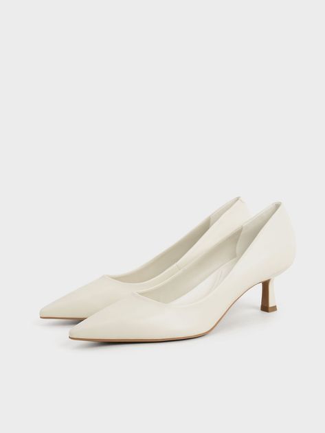 Chalk Pointed Kitten Heel Pumps - CHARLES & KEITH US Sepatu Pump, Charles And Keith Shoes, Kitten Heel Shoes, Elegant Heels, Elegant Aesthetic, Pointed Heels, Faux Leather Heels, Kitten Heel Pumps, Aesthetic Shoes