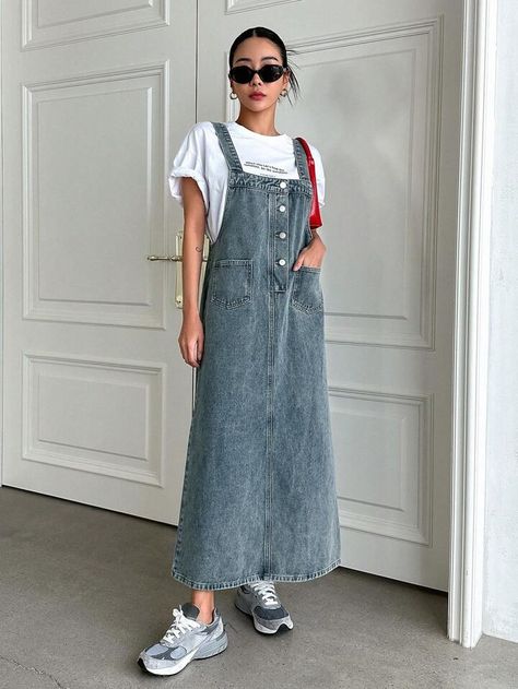 DAZY Dual Pocket Denim Overall Dress Without Tee | SHEIN USA Long Overall Dress Outfit, Overall Dress Outfit, Denim Pinafore Dress, Denim Pinafore, Overalls Outfit, Denim Overall Dress, Denim Skirts, Outfit Dress, Pinafore Dress