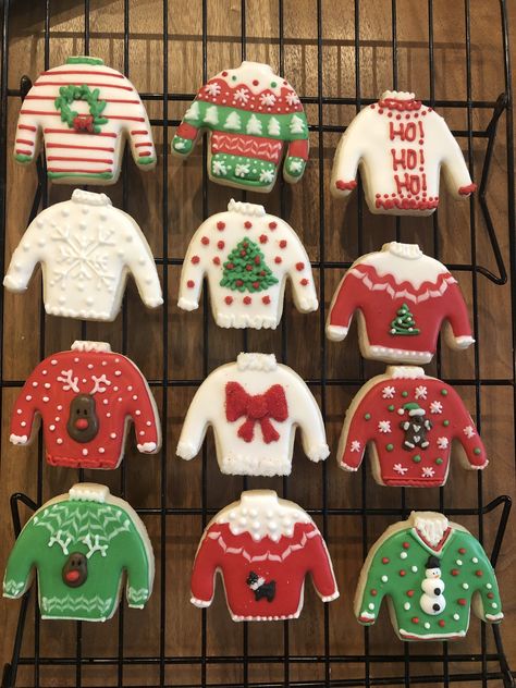 Ugly Sweater Cookies, Christmas Sweater Cookies, Ugly Sweater Cookies Decorated, Christmas Sugar Cookie Designs, Ugly Christmas Sweater Cookies, Ugly Sweater Cookie, Elf Cookies, Christmas Sugar Cookies Decorated, Christmas Cookies Gift