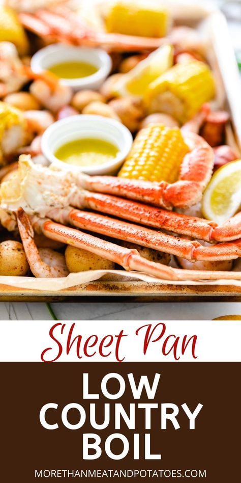 Sheet pan low country boil on a pan with melted butter. Sheet Pan Low Country Boil, Low Country Boil Recipe, Shrimp And Crab Boil, Boil Recipes, Meat And Potatoes Recipes, Slow Cooker Pasta Recipes, Snow Crab Legs, Seafood Sushi, Seafood Dish Recipes