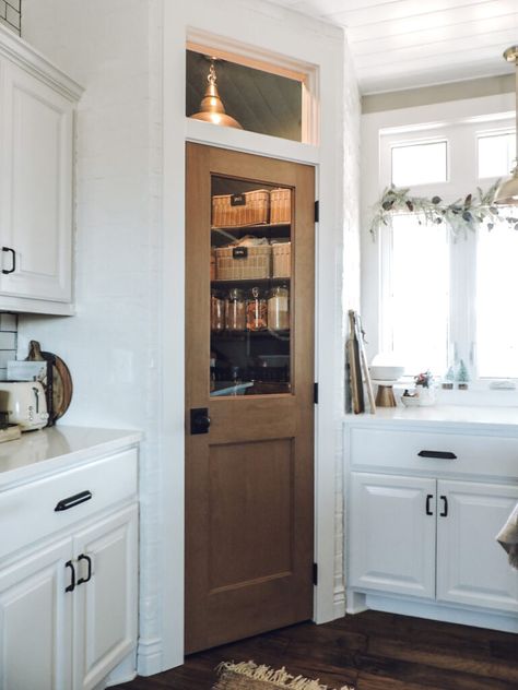 Our Kitchen Reveal - Berry Berry Quite Contrary Wood pantry door with transom window French Door For Pantry, Window Above Pantry Door, Wood Stain Pantry Door, Corner Pantry Next To Window, Walnut Pantry Door, Faux Wood Pantry Door, Solid Wood Pantry Door, Dutch Pantry Door, Half Glass Pantry Door