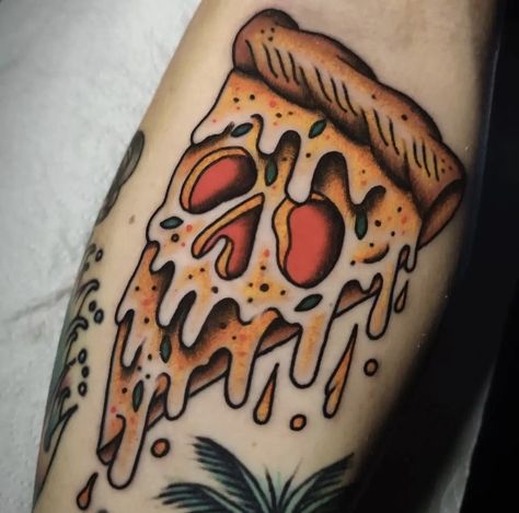 Pizza Slice Drawing, Traditional Tattoo Eye, Skull Pizza, Pizza Tattoo, Faded Tattoo, Monster Tattoo, Food Tattoos, Knife Tattoo, Traditional Tattoo Sleeve