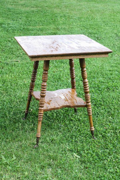 Antiques Repurposed, Bar Stool Cushions, Repurpose Furniture, Side Table Makeover, Parlor Table, Upcycle Furniture, Antique Side Table, Antique Painting, Ladder Back Chairs