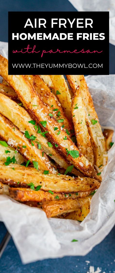 These Air Fryer French Fries are fresh, crispy, cheesy and a healthy homemade alternative to traditional deep-fried restaurant appetizers. Not only will your kids love these, but you’ll also appreciate how little it takes to make fries in an air fryer. Healthy French Fries, Air Fry French Fries, Parmesan Truffle Fries, Air Fryer French Fries, Restaurant Appetizers, Homemade Fries, Making French Fries, French Fries Recipe, Crispy French Fries