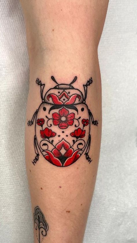 Feminine Bug Tattoo, Doodle Bug Tattoo, Doodlebug Tattoo, Ladybug Hand Tattoo, Colorful Bug Tattoo, Black And Red Ink Tattoo, Whimsical Garden Tattoo, Small Cool Tattoos For Women, Clefairy Tattoo