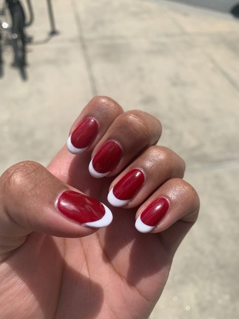 Red base with white nail tip. Red french tips. Red nails. French tips. Red With White French Tip Nails, Red Nail With White French Tip, Red White French Nails, Red Base White Tip Nails, Red Nails With White French Tip, Red Nails White Tips, Red Nails With White Tips, White Nails With Red Tips, Red Base White French Tip