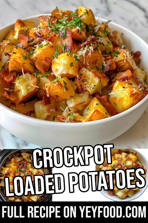 Crockpot Loaded Potatoes - Yeyfood.com: Recipes, cooking tips, and kitchen hacks for home cooks of all levels Back Potatoes Recipes, Potluck Dishes Potato, Potatoes For Dinner Meals, Potato Diced Recipes, Loaded Baked Potato Casserole Crockpot, Potato Casserole Recipes Crockpot, Crock Pot Potato Side Dishes, Potato In Crockpot Slow Cooker, Casserole Potato Recipes