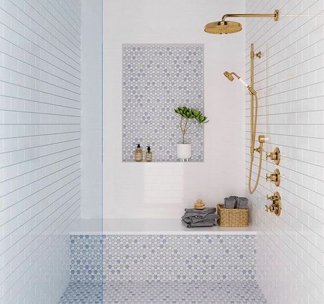 blue and white bathroom with mosaic and penny tiles Coastal Bathroom Penny Tile, Bathroom Floor Wall Combination, Shower Floor And Wall Tile Ideas, Shower Accent Tile Ideas Feature Walls, Shower And Floor Tile Combo, Mozaik Bathroom, Classic Shower Tile Ideas, Children’s Bathroom, Portuguese Tiles Bathroom