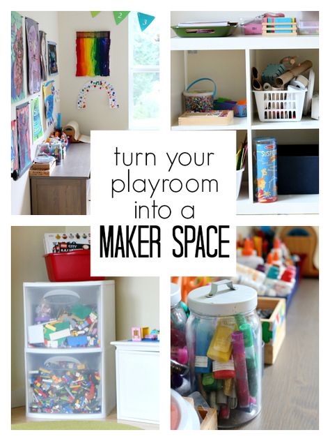 How to turn your playroom into a maker space at home. Fun STEM activities will be done in this great playroom remodel. Maker Space Organization, Elementary Playroom, Maker Space At Home, Maker Space Preschool, Home Maker Space, Makerspace At Home, Home Makerspace, Tinker Space, Stem Playroom