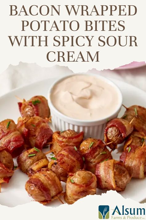 Bacon Wrapped Ideas, Wrapped Potato With Bacon, Bacon Wrapped Potato Rolls, Bacon Wrapped Baby Potatoes, Potato Rolls With Bacon, Potato Wrapped In Bacon, Potato And Bacon Appetizers, Red Potato Appetizers, Bacon Wrapped Potato Bites