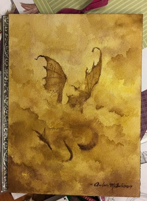 Dragon Painting On Canvas, Watercolor Fantasy Art Easy, Watercolor Art Dragon, Simple Dragon Painting, How To Paint A Dragon, Dragon Watercolor Painting, Fantasy Painting Easy, Watercolor Mythology, Monochromatic Art Ideas