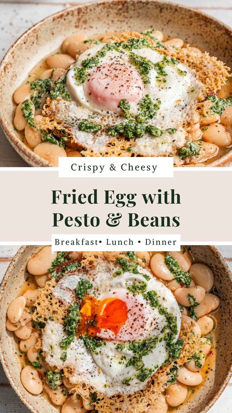 Fried Egg with Pesto and Beans Egg And Beans Breakfast, Butter Bean Breakfast, Eggs And Beans Breakfast, Pesto Eggs Breakfast, Pesto Breakfast, Beans And Eggs, Fried Egg On Toast, Bean Breakfast, Pesto Eggs