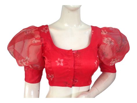 Ballon Sleeves Blouses, Balloon Sleeves Blouse Indian Saree, Organza Blouse Designs, Organza Blouses, Red Blouse Design, Red Saree Blouse, Balloon Sleeves Blouse, Stitched Saree, Blouse Indian