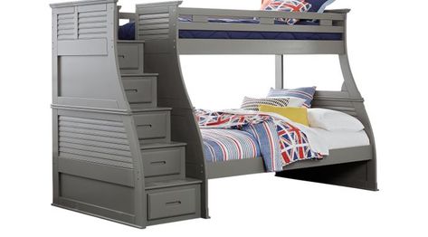 Belmar Gray 4 Pc Twin/Full Step Storage Bunk Bed Beds With Drawers, Step Storage, Grey Bunk Beds, Bunker Bed, Convertible Bunk Beds, Staircase Bunk Bed, Double Bunk Beds, Grey Bed Frame, Loft Bed Frame