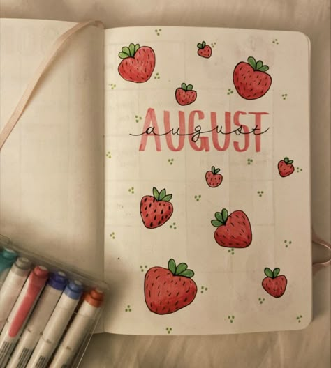 Easy bullet journal inspo ideas summer Bulett Journal Page Ideas August, Cute Notebook Page Ideas, Bullet Journal August Theme, Bullet Journal Avril, Bullet Journal Strawberry Theme, Preppy Bullet Journal Ideas, Journal Ideas Cover Page, Bullet Journal Ideas July, Bullet Journal Ideas Portada