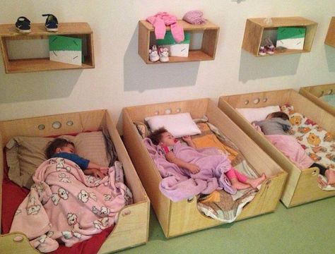 #3 will have this sleeping box! Daycare Infant Room Ideas, Home Daycare Setup, Daycare Rooms Setup, Toddler Daycare Rooms, Home Daycare Rooms, Daycare Design Ideas, Daycare Room Design, Daycare Room Ideas, Infant Room Daycare