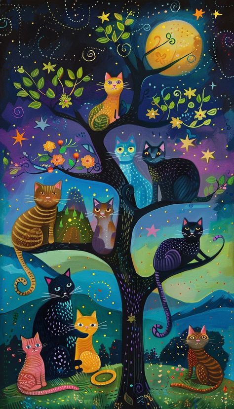 Cat Art Whimsical, Whimsical Cat Art, Cat Phone Wallpaper, Naïve Artist, Whimsical Art Paintings, Naive Painting, Naive Illustration, Cat Moon, Cat Art Illustration