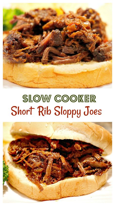 Deliciously tangy homemade sloppy Joes made with beef short ribs in the slow cooker. via @CorkForkPassprt Shredded Beef Sloppy Joes, Slow Cooker Sloppy Joes, Short Ribs Slow Cooker, Homemade Sloppy Joes, Crockpot Dinners, Roast Beef Recipes, Savory Food, Short Rib, Sloppy Joe