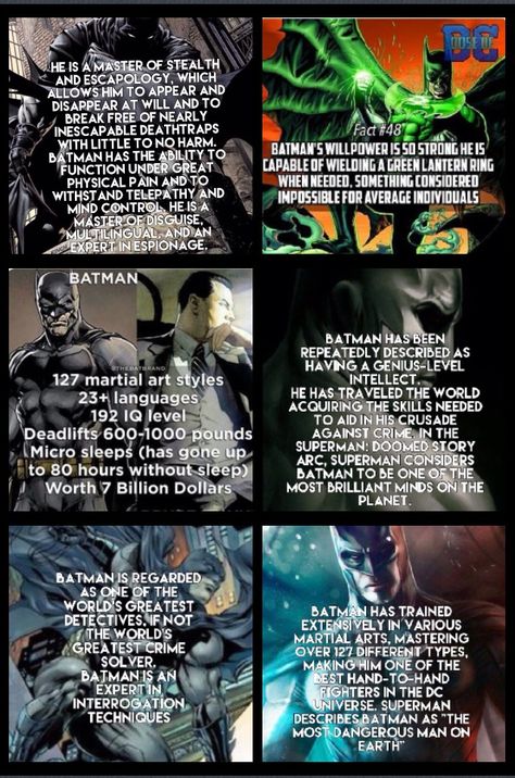 Batman facts dc comics Tumblr, Batman Skills, Batman Comic Quotes, Superman Facts, Batman Facts, Comic Book Quotes, Dc Facts, Dc Comics Facts, Superhero Facts