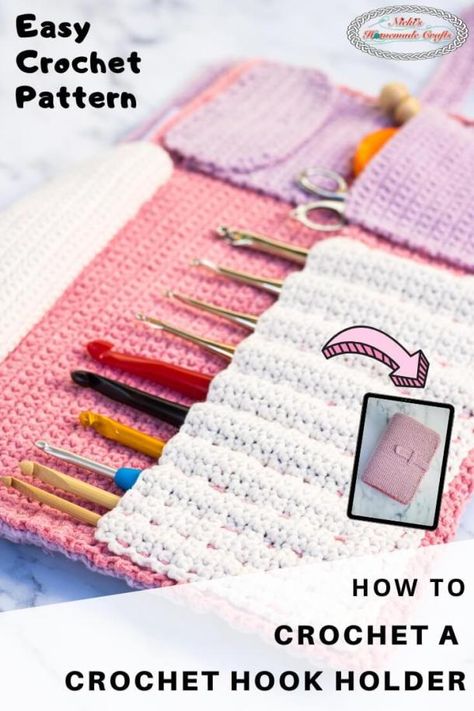 Learn how to crochet a Crochet Hook Holder which is the ultimate storage unit to store your crochet hooks and notions and even patterns. This premium crochet pattern is easier than you might think. It's the perfect weekend project. And it looks like a book when folded and closed. #crochet #pattern #crochetpattern #freecrochetpattern #crochethook #holder #organizer #crochetstorage #hooks #storage #crochettechniques #singlecrochet #tutorial #crochettutorial #winter #fall #diy #diyideas #giftideas Crochet Hook Holder Pattern, Crochet Hook Case Pattern, Crochet Hook Storage, Crochet Hook Organizer, Crochet Hook Holder, Crochet Organizer, Crochet Hook Case, Crochet Case, Crochet Storage