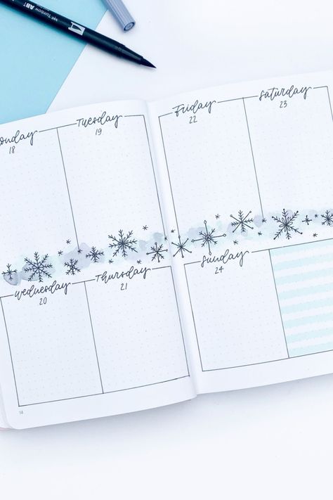 Winter Bujo, Bullet Journal Weekly Layout, Bullet Journal Work, Bujo Weekly Spread, January Bullet Journal, Journaling Kit, Bullet Journal Ideas Templates, Week Planner, Creating A Bullet Journal