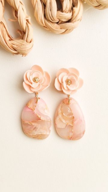 Rose Quartz Polymer Clay Earrings, Polymer Clay Chandelier Earrings, Rose Polymer Clay Earrings, Classy Polymer Clay Earrings, Clay Wedding Earrings, Polymer Clay Wedding Earrings, Spring Polymer Clay Earrings, Polymer Clay Jewelry Ideas, Summer Clay Earrings