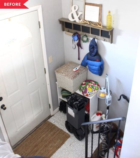 Before and After: A Mini $30 Entry Makeover with Big Results Split Level Homes, Split Level Entry, Entryway Apartment, Entry Makeover, Home Office Design On A Budget, Scented Pinecones, Split Level Remodel, Entry Way Ideas, Painting Tips And Tricks