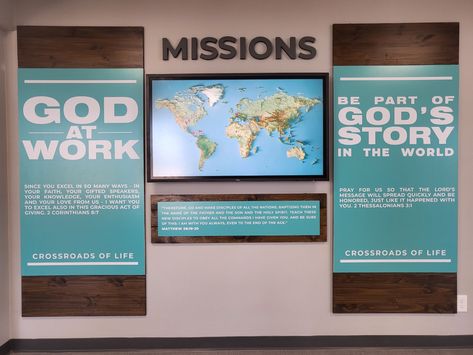 Missions Missions Wall Church, Church Missions Wall Display, Church Information Wall, Missions Wall, Missions Bulletin Board, Church Lobby Design, Church Wall Decor, Church Foyer, Church Lobby