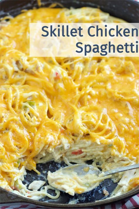 Chicken Spaghetti On Stove Top, Recipe For Chicken Spaghetti Bake, Stove Top Chicken Spaghetti, Chicken Spaghetti Recipe Stovetop, Stovetop Chicken Spaghetti, Skillet Meals Chicken, Pioneer Woman Chicken Spaghetti, Skillet Spaghetti, Chicken With Spaghetti Sauce