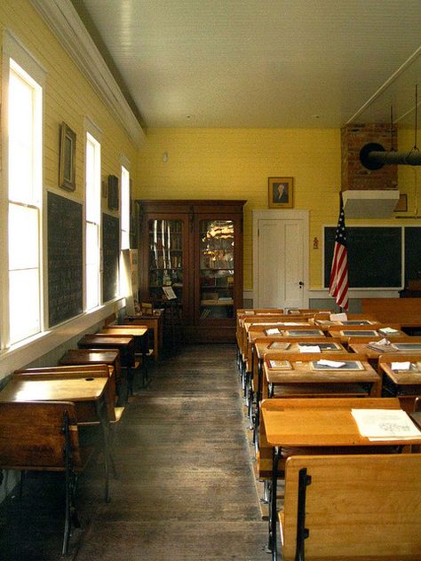 Old Schoolhouse by littlewonderpics, via Flickr Old School Classroom Aesthetic, School Desk Aesthetic Classroom, Schoolhouse Aesthetic, Old School Classroom, Abandoned Classroom, American Classroom, Old School Room, Old Classroom, 1960s School