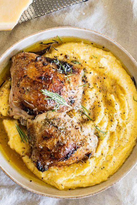 Rosemary Chicken with Cacio e Pepe Polenta - Simply Delicious Turkey Delight, Rosemary Chicken Thighs, Comfort Dinner, Polenta Recipes, Savory Food, Rosemary Chicken, Simply Delicious, Main Courses, Chicken Dinner Recipes