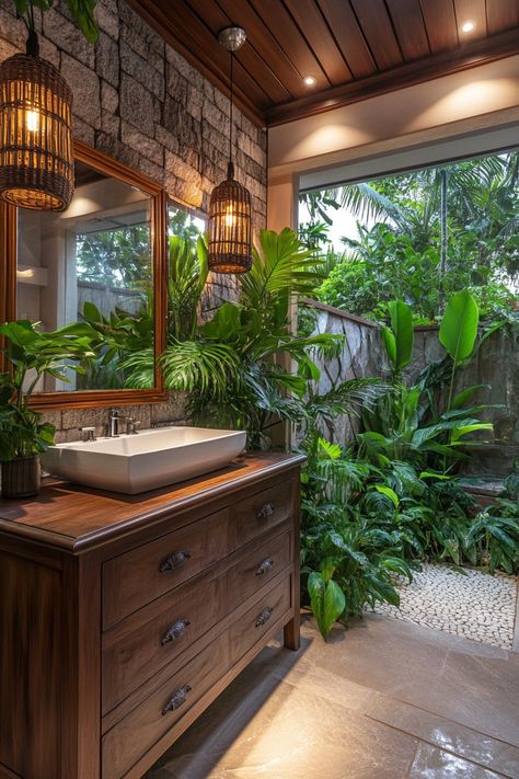 Tulum Interior Design Bathroom, Pebbles In Bathroom, West Indies Bathroom, Semi Outdoor Bathroom, Rainforest Bathroom Ideas, Biophilic Bathroom, Tiki Bathroom, Earthy Bathroom Ideas, Jungle Bathroom