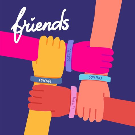 Happy friendship day illustration. Colorful four hands crossed together on dark blue background. Vector illustration of friendship with lettering text Friends.Holiday of togetherness, unity,having fun Art On Friendship, Friends Images Friendship, Friend Images Friendship, Friends Illustration Art Friendship, Friendship Illustration Art, Logo Friendship, Happy Frndship Day, Friendship Day Illustration, Friendship Day Poster