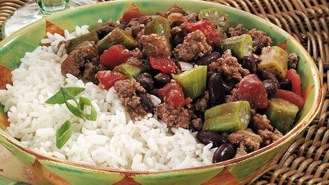 Louisiana-Style Picadillo Picadillo Empanadas, Beef Burrito Skillet, Corn Biscuits, Smothered Beef, Ground Beef Skillet, Beef Kabob Recipes, Beef Skillet, Picadillo Recipe, Okra And Tomatoes