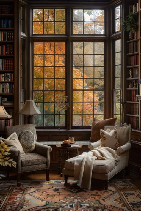 Country Library Room, Moody Neutrals, Cozy Home Library Ideas, Cottage Office, Cozy Home Library, Library Rooms, Home Library Rooms, Cozy Library, Shelf Units