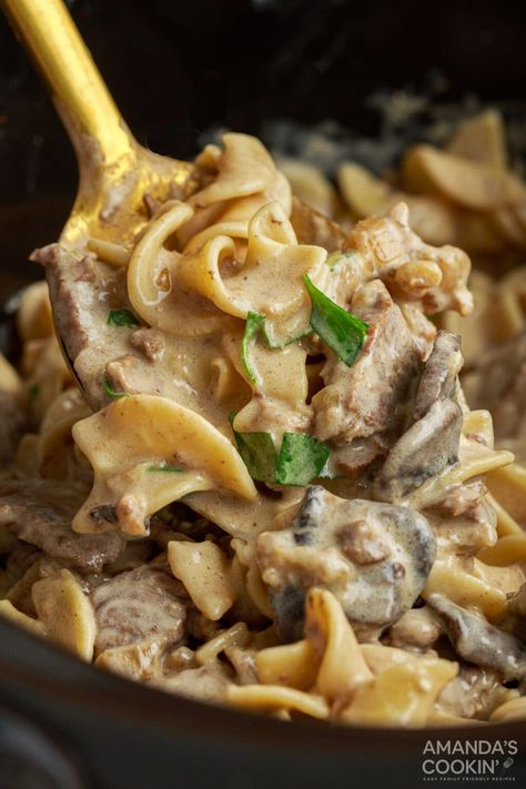 Easy crockpot beef stroganoff with tender beef strips, mushrooms, and egg noodles in a creamy, savory brown gravy all slow cooked to melt-in-your-mouth perfection. Easy Crockpot Beef Stroganoff, Crock Pot Stroganoff, Classic Beef Stroganoff Recipe, Classic Beef Stroganoff, Best Beef Stroganoff, Beef Stroganoff Crockpot, Slow Cooker Beef Stroganoff, Slow Cooker Recipes Beef, Beef Strips