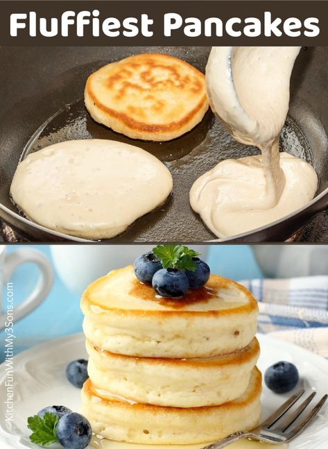 These Fluffy Pancakes are absolutely perfect if you are looking for a soft and thick pancake recipe. Just a hand-full of staple ingredients and 5-minute prep for a delicious breakfast! Thick Pancake Recipe, Yummy Pancake Recipe, Dairy Free Pancakes, Fluffy Pancake Recipe, Homemade Pancake Recipe, Creative Breakfast, Tasty Pancakes, Homemade Pancakes, God Mat