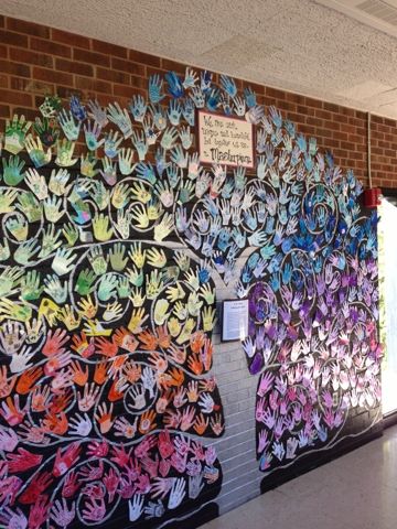 Handprint Collaborative Art, Hand Print Mural Ideas, Community Art Mural, Hand Print Mural, Collaborative Tree Art, Group Mural Ideas, Tree Wall Murals Diy, School Community Projects, Community Art Ideas