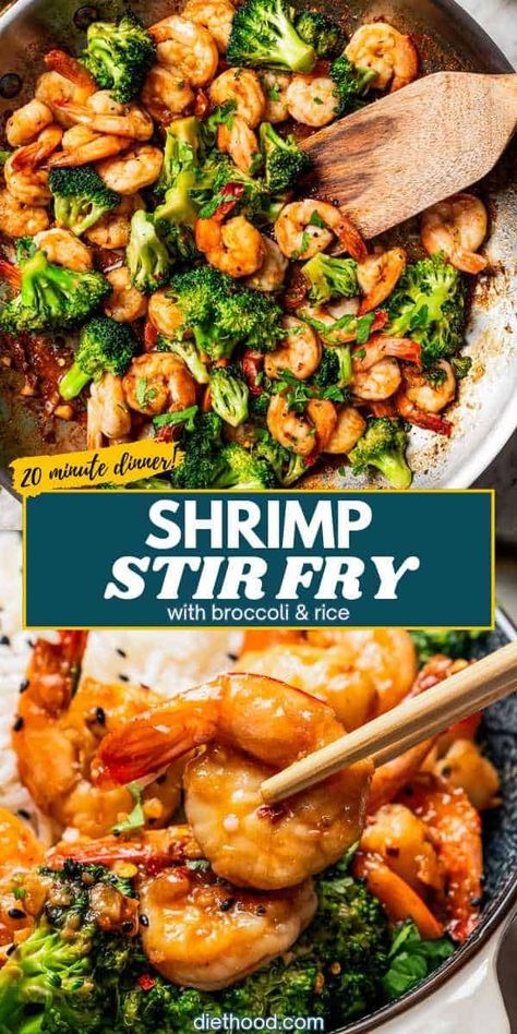 This shrimp stir fry recipe is an easy dinner featuring juicy shrimp and tender broccoli tossed in a flavorful garlic stir-fry sauce. Best of all, it’s ready in just 20 minutes! #shrimp #stirfry #easydinner Shrimp Stir Fry Sauce, Shrimp Stirfry, Shrimp Stir Fry Recipe, Healthy Seafood Dishes, Fast And Easy Dinner, Stir Fry Shrimp Recipes, Cooked Shrimp Recipes, Asian Noodle Dishes, Asian Side Dishes