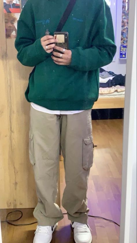 green and beige outfit Khaki Pants Green Shirt Outfit, Green Cargo Pants White Shirt Outfit Men, Green Sweater Black Pants Outfit, Sweaters With Cargo Pants, Green And Beige Mens Outfit, Crewneck And Cargo Pants Outfit, Outfits With Green Hoodie, Green With Beige Outfit, Green And Khaki Outfit Men